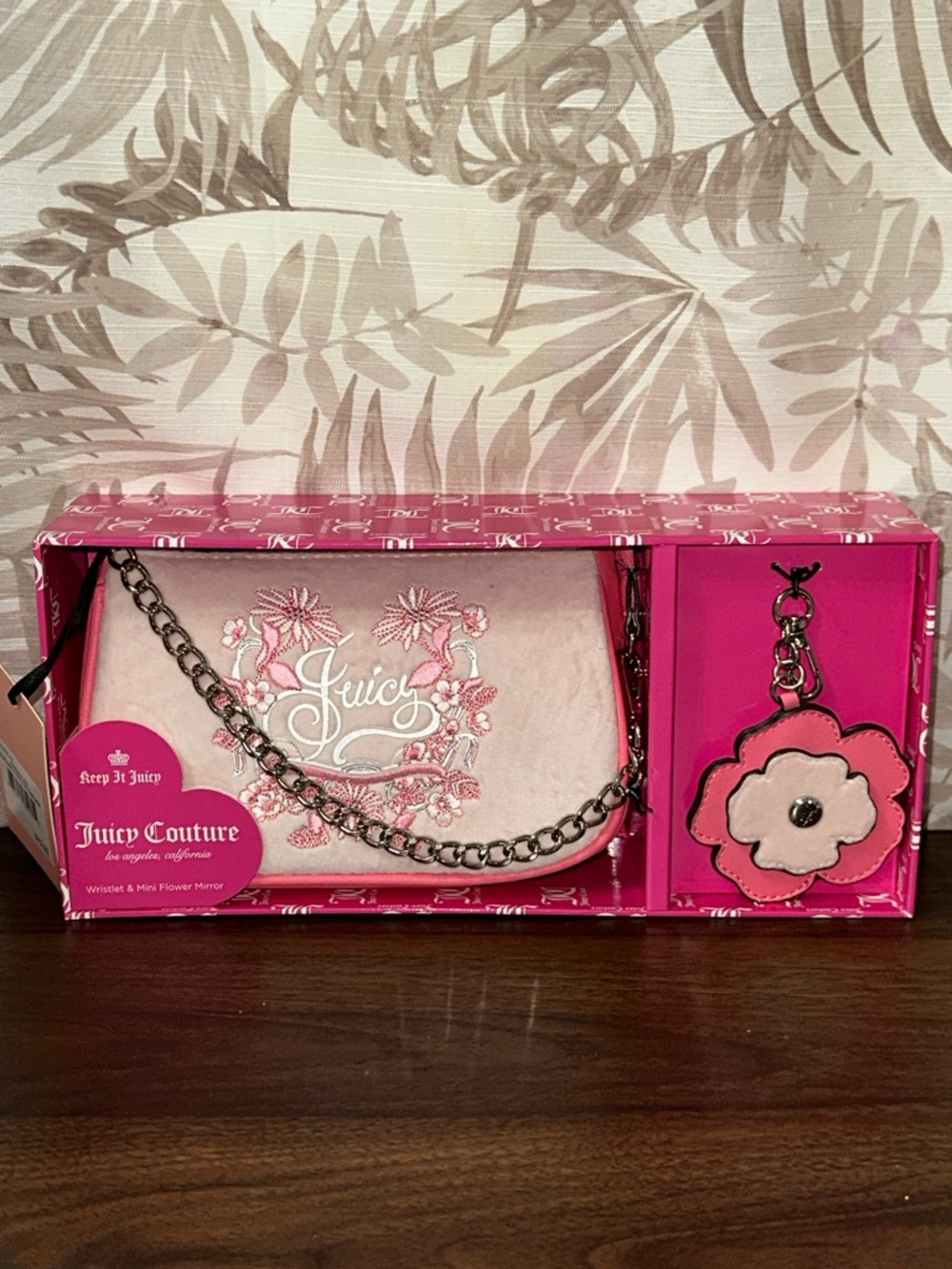 Juicy Couture Pink Embroidered Chain Wristlet with Flower Charm Keychain